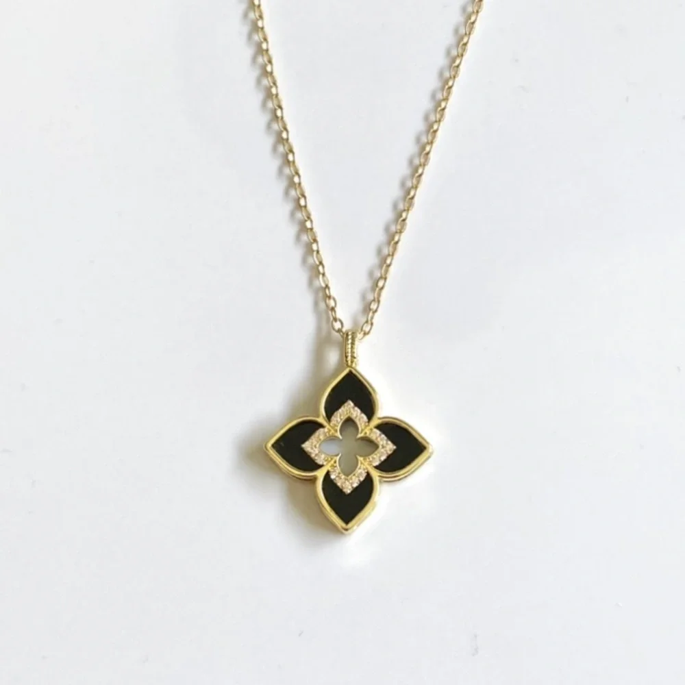 Black Diamond Flower Elegant Gold Toned Necklace - Picture 4 of 5